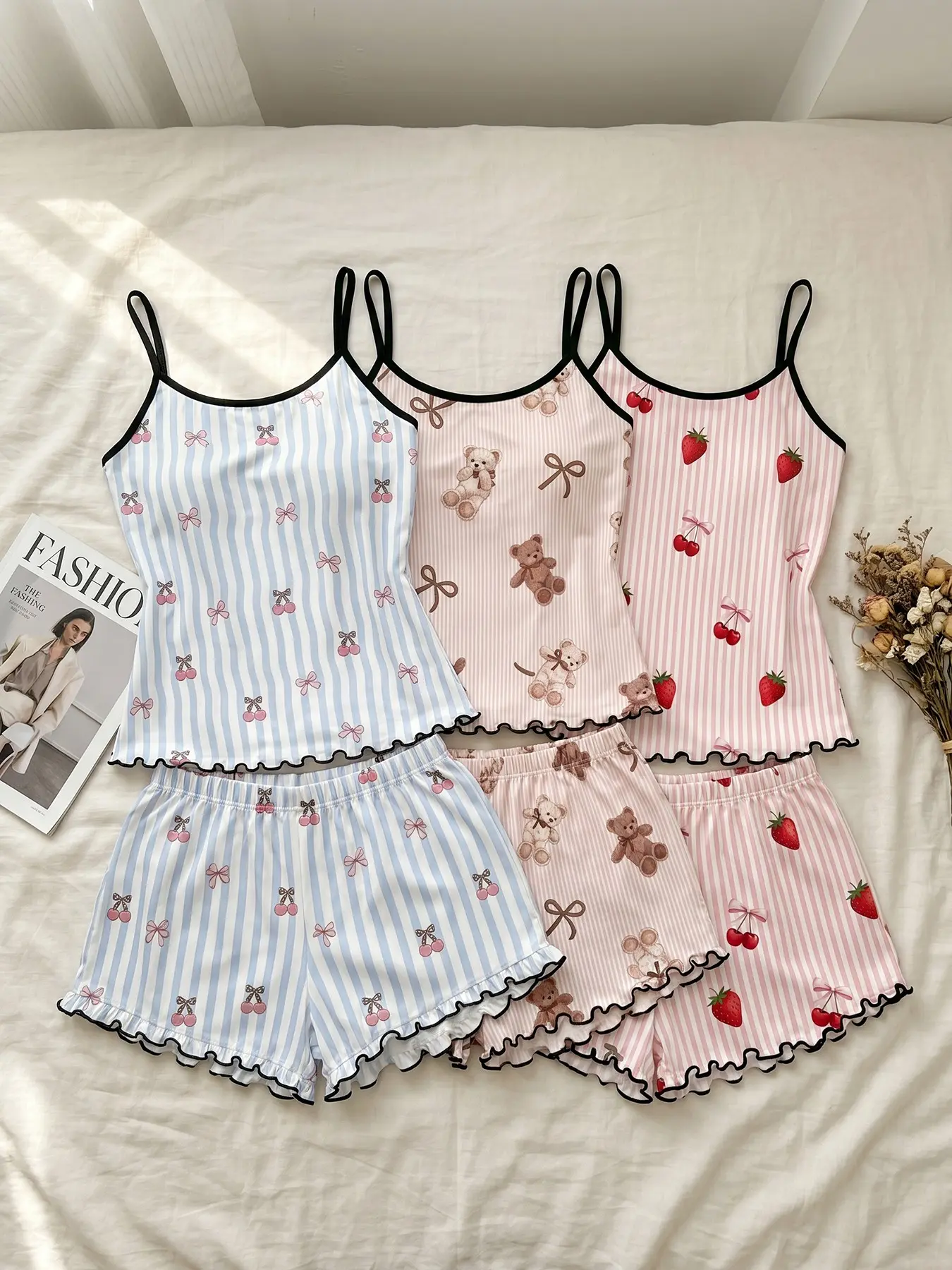 Women's 3 Piece Cami Top and Shorts Pajama Sets, All Season Wear, Pastel Stripe Cherry Bear Strawberry Bow Print Ruffle Hem, Pastel Aesthetic, Cute, Loose Breathable for Home & Casual
