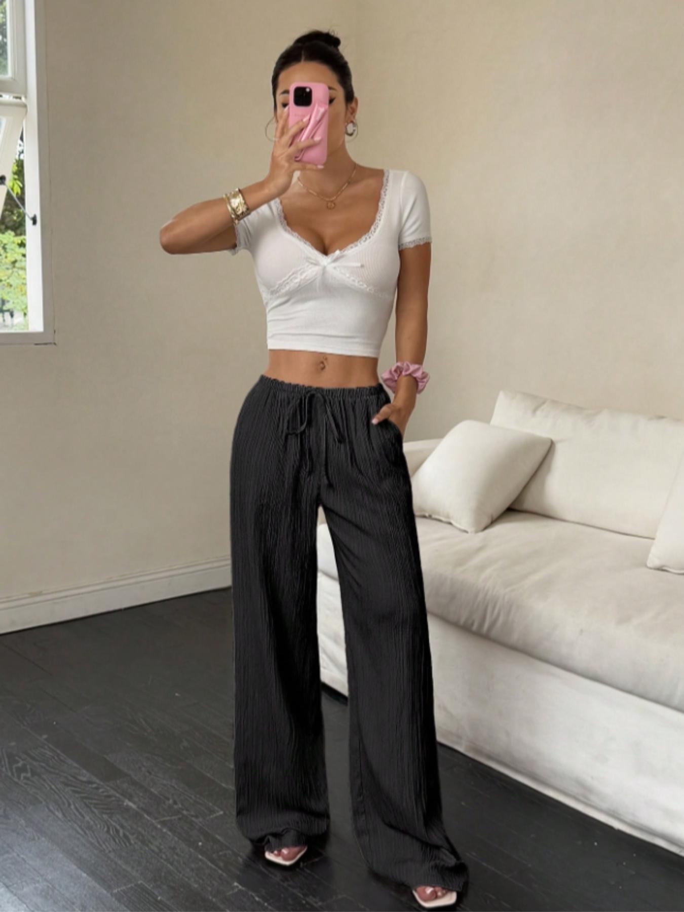 Women's Plain Casual Loose Wide Leg Pants, Trendy Relaxed Fit Trousers for Everyday Wear, Stylish Long Pants for Women