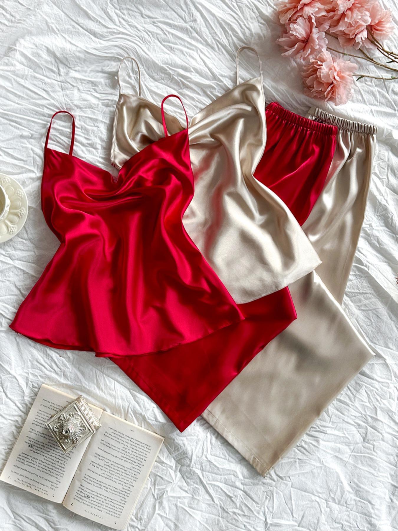 Women's Solid Color Cami Top & Elastic Waist Pants Pajama Set, Casual Comfy Loungewear Set for Daily Wear, Ladies Sleepwear for Summer