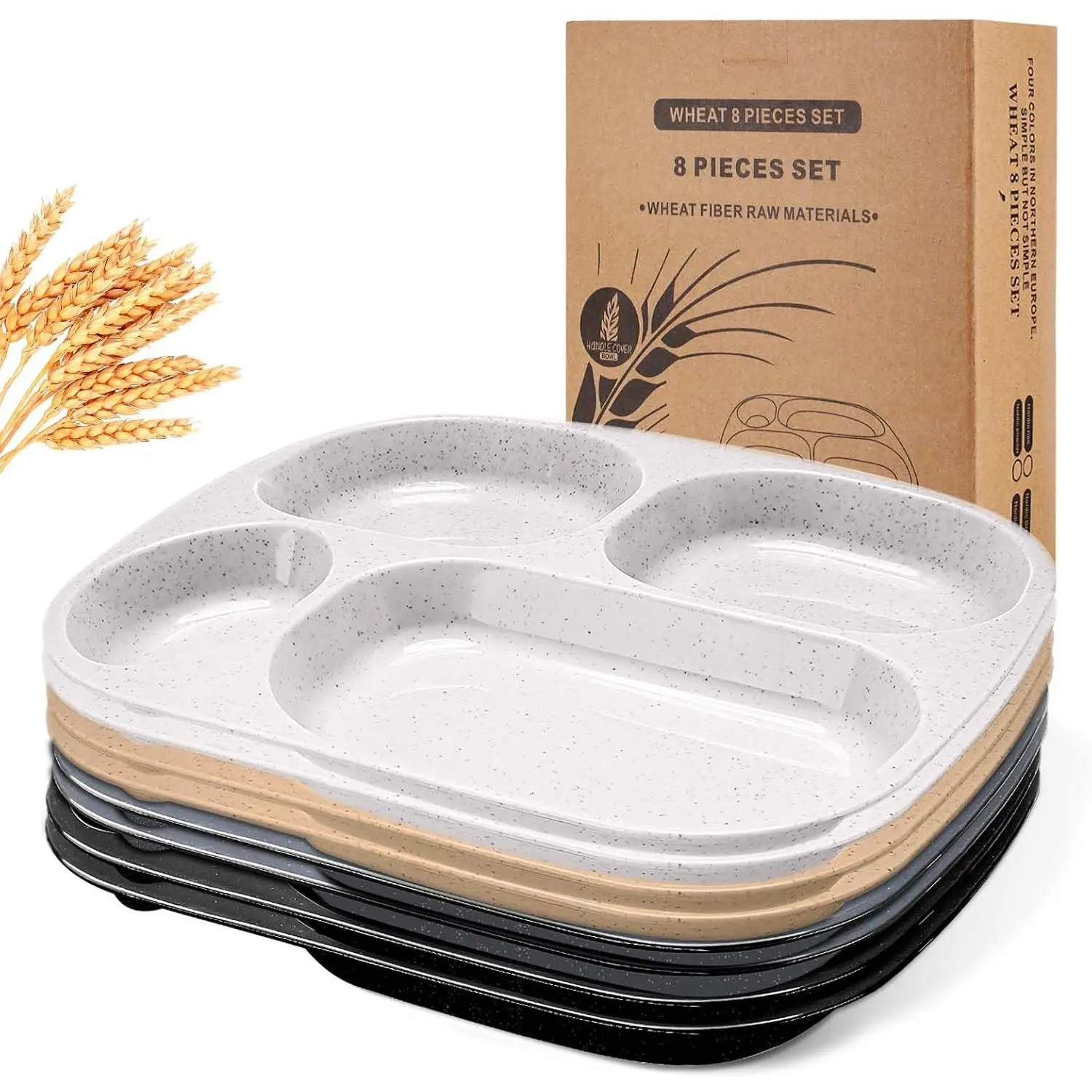 8 count 9'' Unbreakable Divided Plates 4-Compartment  Separator Dinner Trays  Microwave and Dishwasher Safe Wheat Straw Plates(Black, Dark Gray, Beige, White)