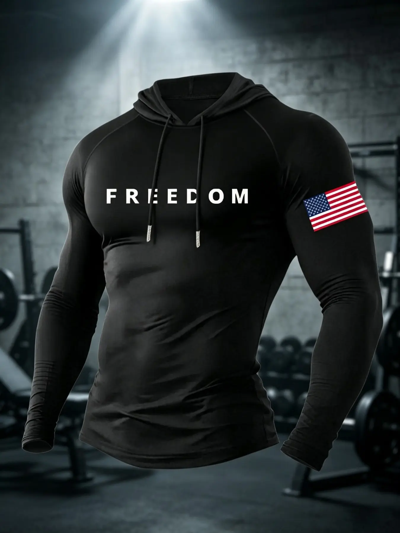 Men's Freedom Letter and American Flag Print Hooded Long Sleeve T-Shirt, Casual Athletic Fitted Top for Fall & Winter, Ideal for Fitness and Daily Wear