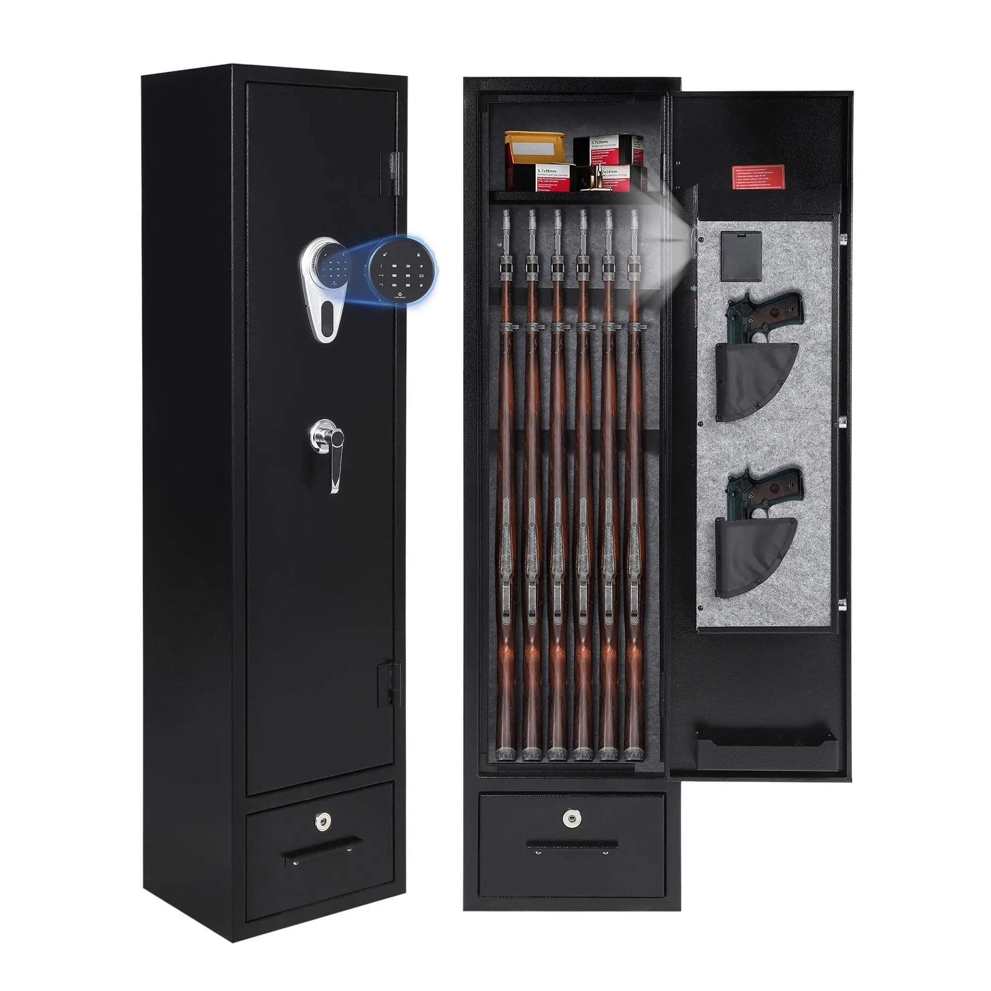 Biometric Fingerprint Rifle Gun Safe for Home Defense, 51in Heavy-Duty Large Long Gun Cabinet with 3-Way Quick Access Digital Keypad, Tamper-Resistant Dual Alarm, Silent Mode, LED Light, Wall Mount Steel Case for Scopes, Pistols, Ammo, Adjustable Racks, B