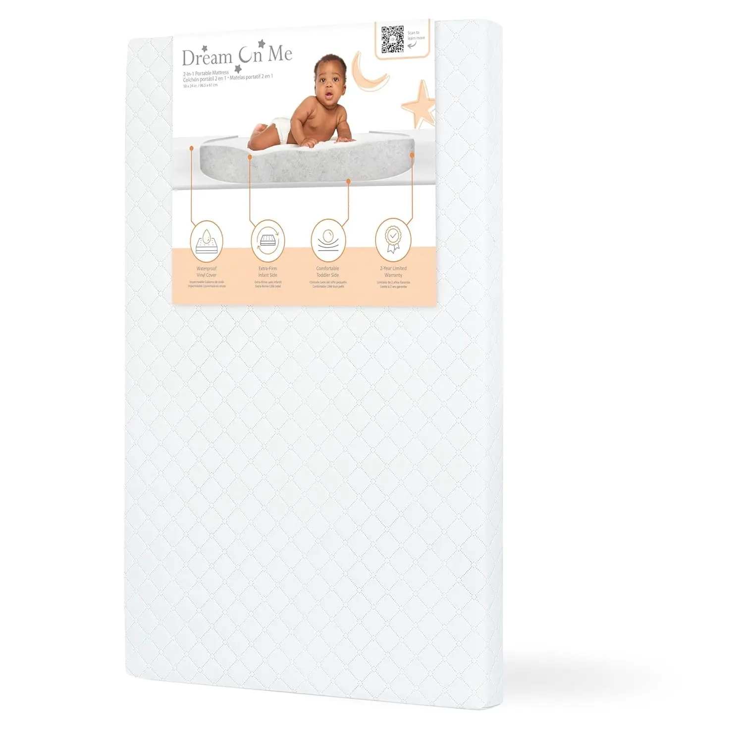Holly 2-in-1 Mini Crib Mattress, Dual-Sided Infant & Toddler, Waterproof Cover, GREENGUARD Gold Certified, 38” x 24” x 3”, Fits Mini & Select Portable Cribs, Not for Playards