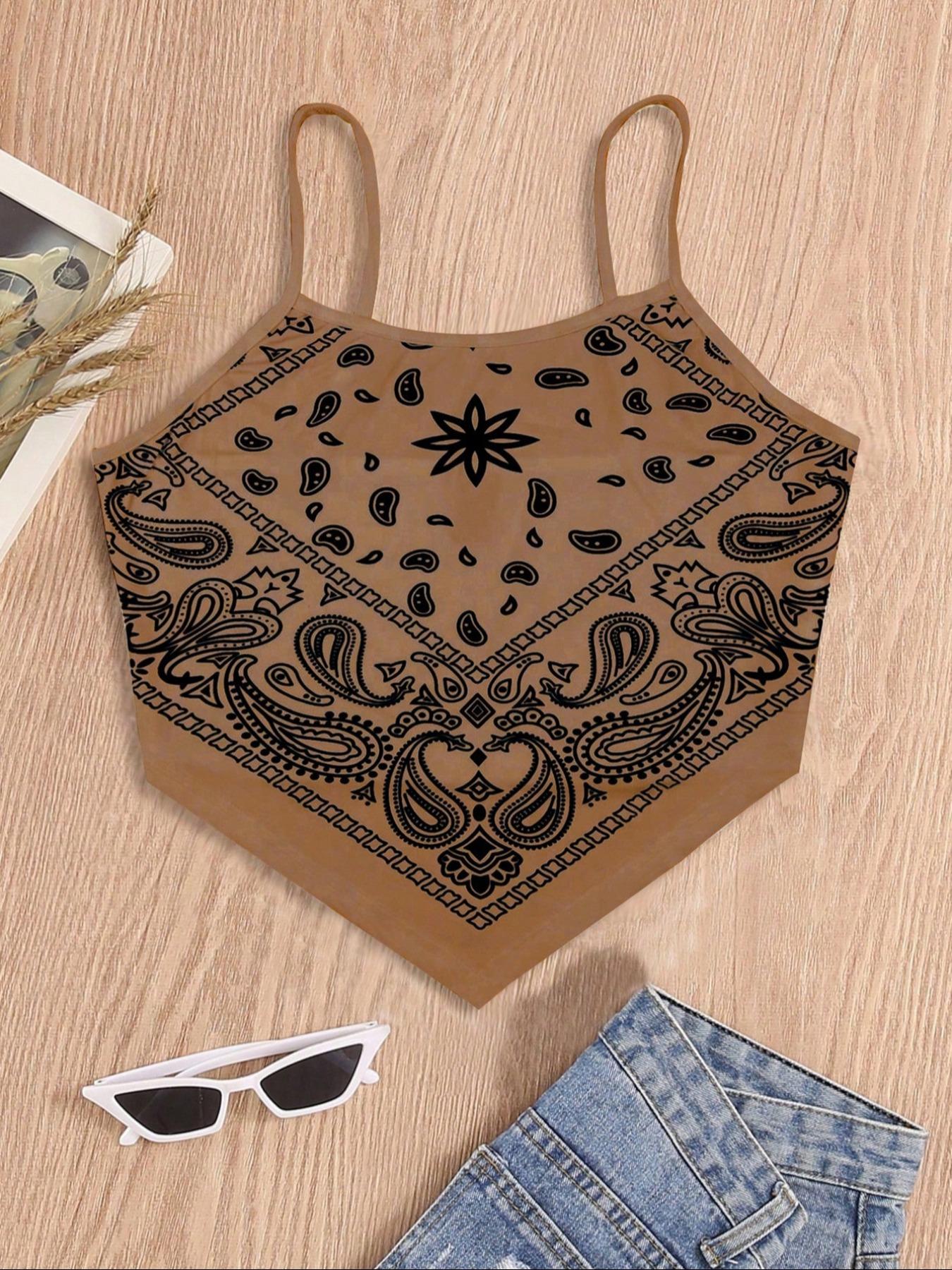 Women's Paisley Print Asymmetrical Hem Crop Cami Top, Summer Clothes Women, Boho Style Sleeveless Cropped Top for Summer, Fashion Casual Ladies Top for Beach Vacation Holiday