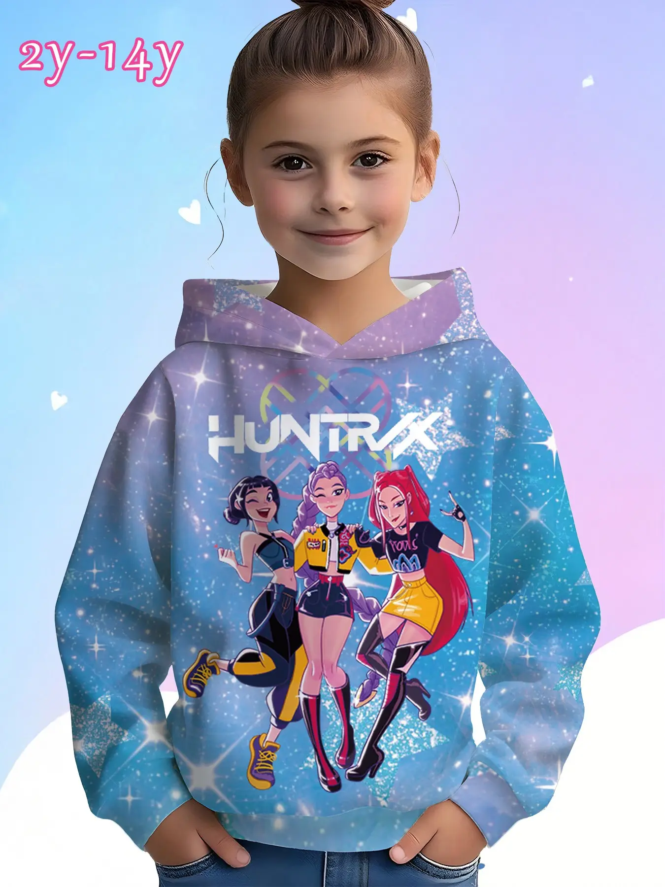 Girls' Sweatshirt with Galaxy Print, Casual Loose-Fit Hoodie for Fall & Winter, Age 2-14, Dreamy Pop-Girl Design, Light Blue Glitter
