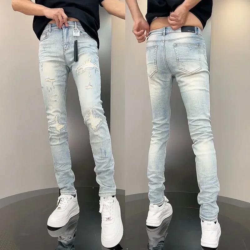 New Korean Luxury Clothing High Jeans for Men Fashion Slim Fit Pencil Pants with Holes Summer Casual Denim Trousers Male