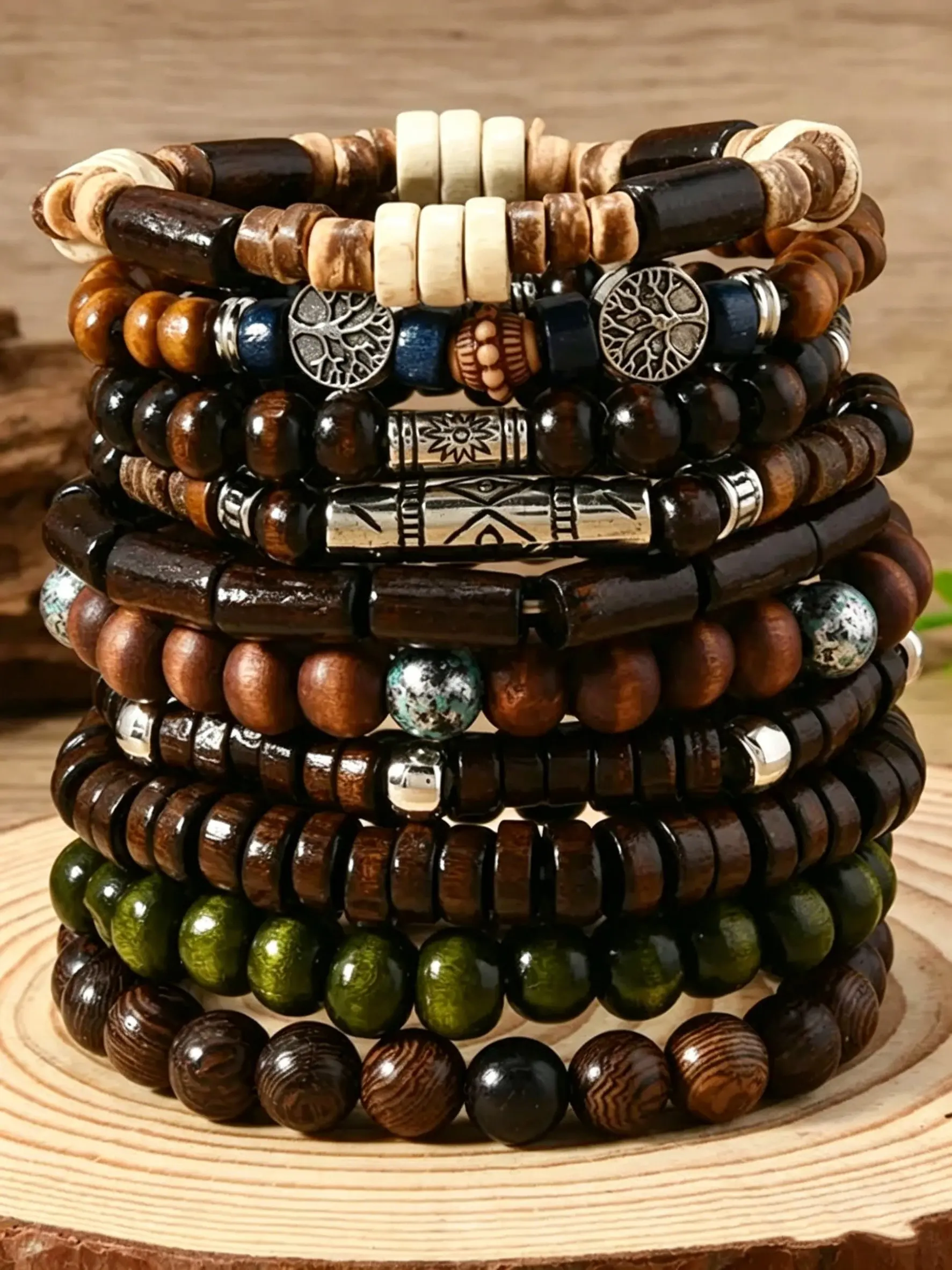 10pcs Men's Boho Bracelet Set, Beaded Bracelet Sets, Natural Wood & Stone Adjustable Beaded Design Stackable Bracelets, Elastic & Comfortable Fit, For Everyday Wear, Perfect for Casual & Street Style, Great Gift for Birthdays, Father's Day