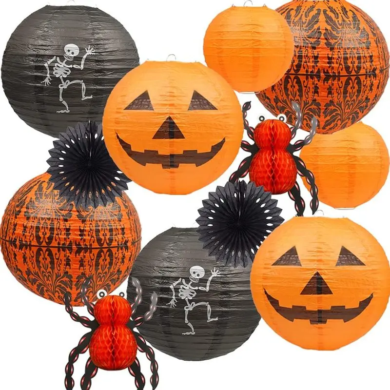 Halloween 12-Piece Hanging PE Material Jack-O'-Lanterns Set Package, Spider, Skeleton Decorations in Orange-Black for Indoor-Outdoor Holiday Party Decor