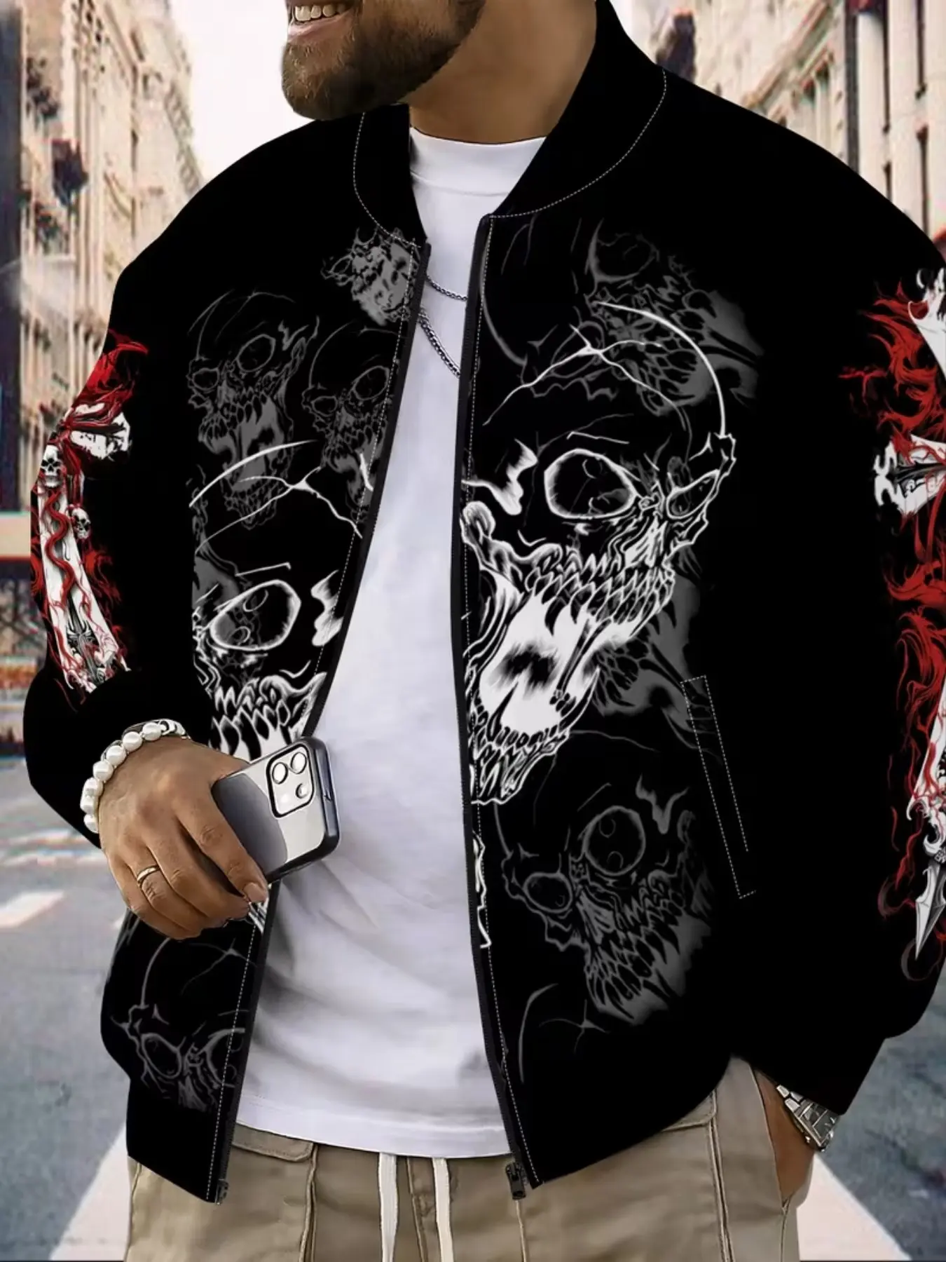 Men's Digital Print Zipper Jacket, Trendy Skull Pattern Baseball Coat, Casual Street Style Outerwear, Loose-Fitting All Seasons Clothing