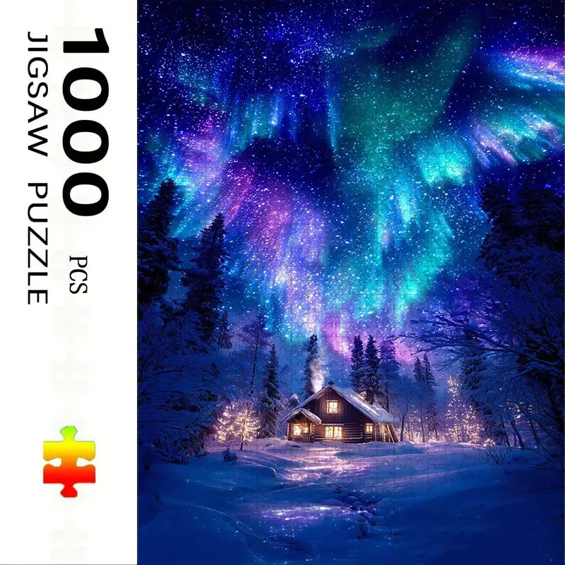 1000 Piece Aurora Snow Forest Cabin Puzzle, Large Adult Family Interactive Toy, DIY Home Decor, Holiday Scene, Durable Puzzle