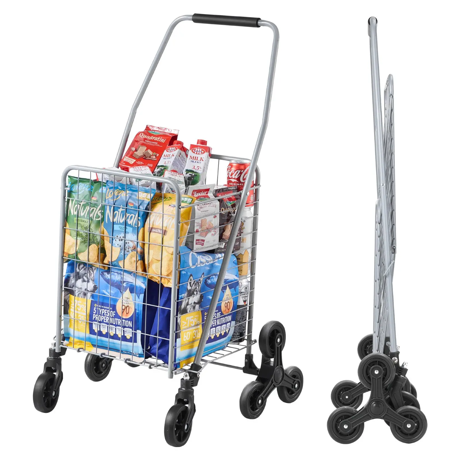 【DealsForYouDays】VEVOR Grocery Shopping Cart, 45L Stair Climbing Shopping Cart with 360 Rolling Swivel Wheels, Stair Climber Utility Cart with Tri-Wheels, Foldable Collapsible Lightweight for Laundry Travel, Silver