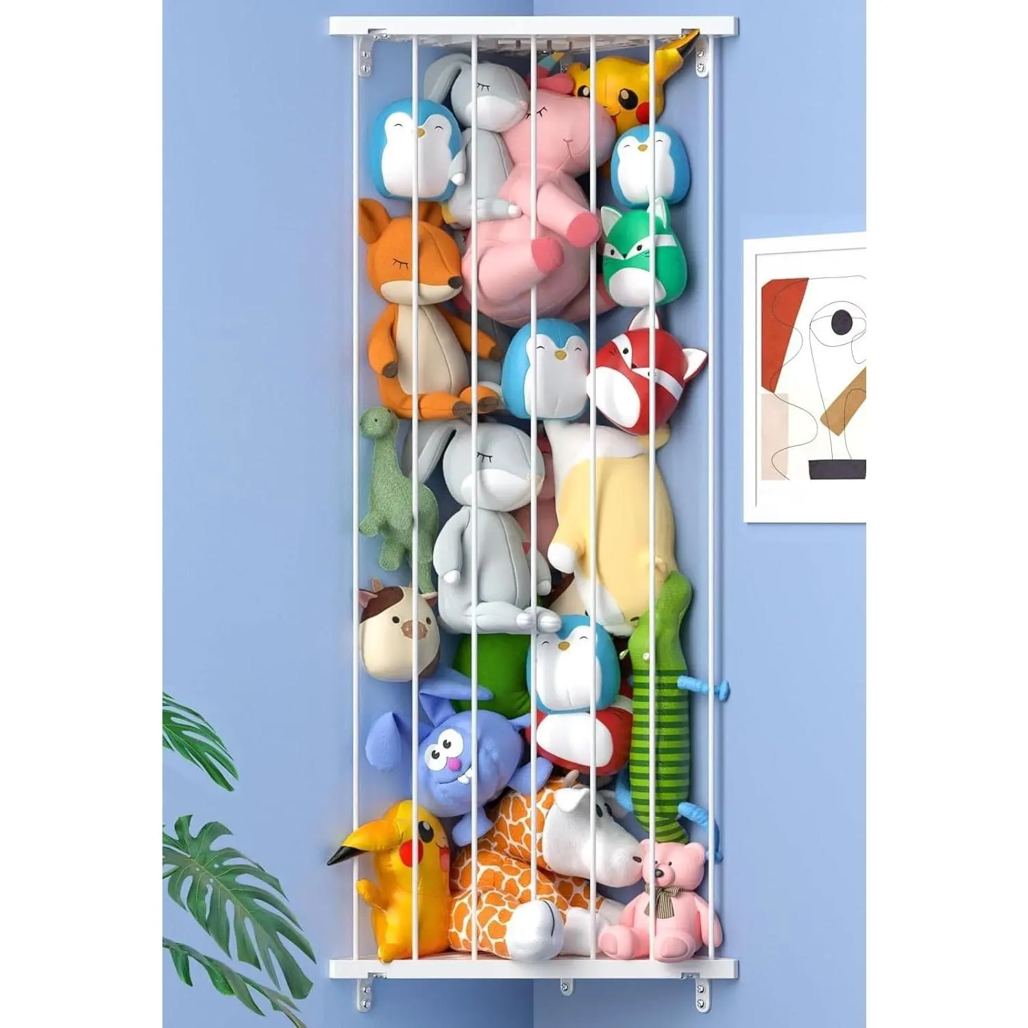 Corner Stuffed Animal Storage for Kids Room - Length Adjustable Wall Stuffed Animal Organizer - Plush Toy Holder Shelf for Nursery Playroom Bedroom (White)