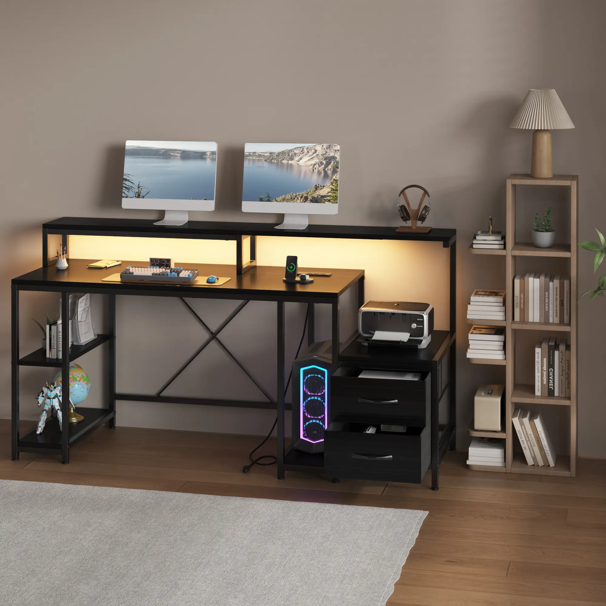 Gaming Computer Desk with LED Lights and Power Outlets 63 Inch MDF Metal Office Workstation with File Drawer Storage Shelves Reversible Setup