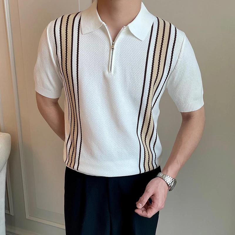 Kyn Apparel Luxury Knitted Polo Shirt Mens Striped Contrast Color Zip-up Polo Neck Tops Summer Vintage Slim Fit Short Sleeve Men Polo Shirts