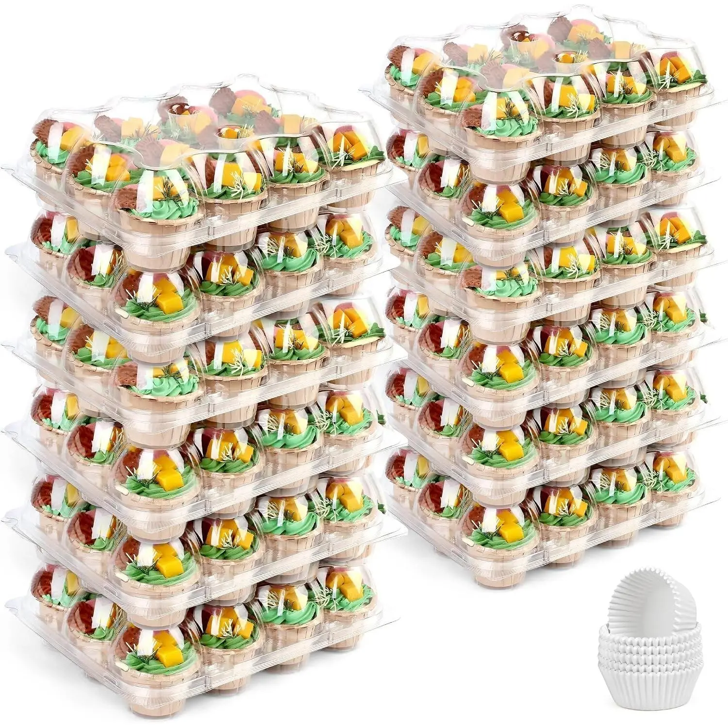 12 Count x 12 Sets Cupcake Containers with 144 Liners, Thick Plastic Cupcake Boxes Holders, Disposable Cupcake Carrier with Detachable Tall Dome Lid