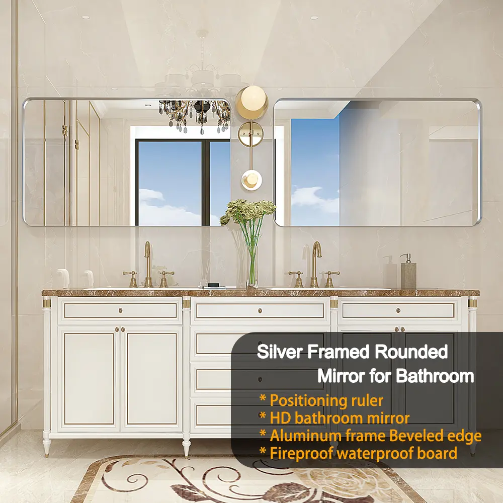 ARCH 40x30 Inch Brushed Silver Rounded Corner Rectangle Wall Mounted Bathroom Vanity Mirror, Metal Frame, Horizontal & Vertical Mount, Modern Wall Mirror for Bathroom, Bedroom, Living Room, Entryway, Bathroom Furniture for Vanity Area, Storage