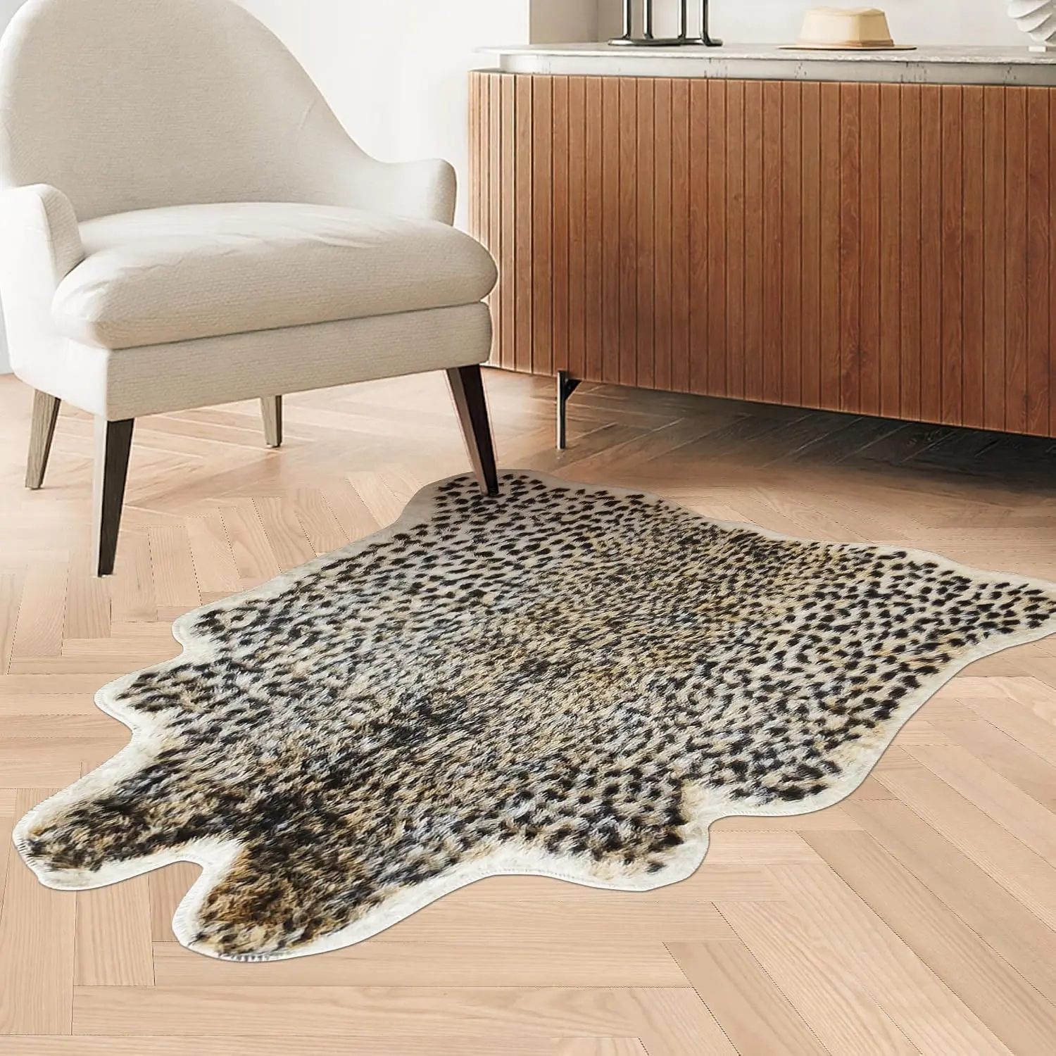 Leopard Print Faux Fur Area Rug, Animal Motif Hide Mat with Rustic Look, Small Rugs for Living Room (3.3x3.1ft)