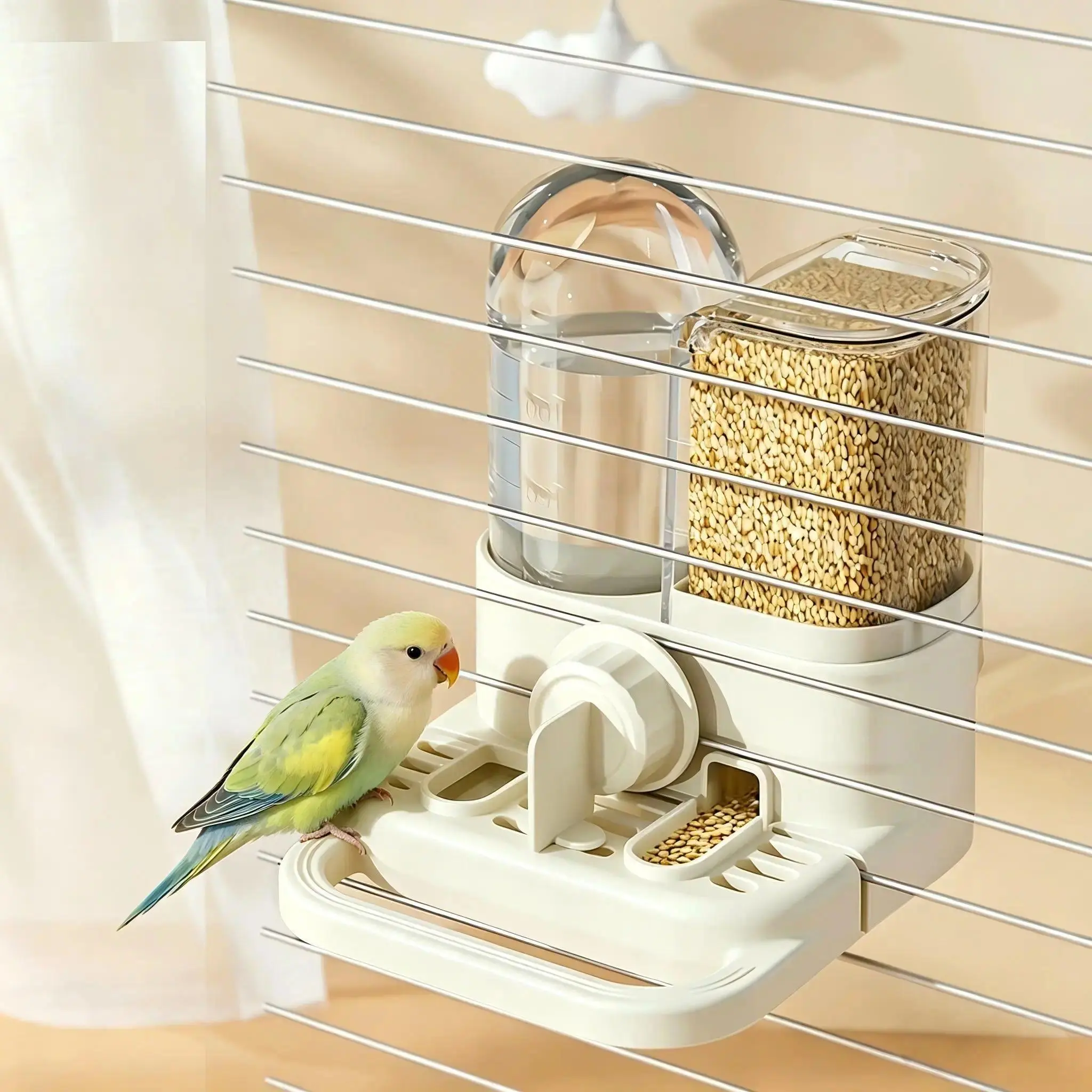 Automatic 2-in-1 Bird Feeder and Waterer, Hanging Synthetic Dispenser for Small to Medium Parrots, Mess-Free Cage-Mounted Gravity System Pet Supply, Feeding Tools, Gravity Water Outlet, Cage Mount, Gravity Outlet