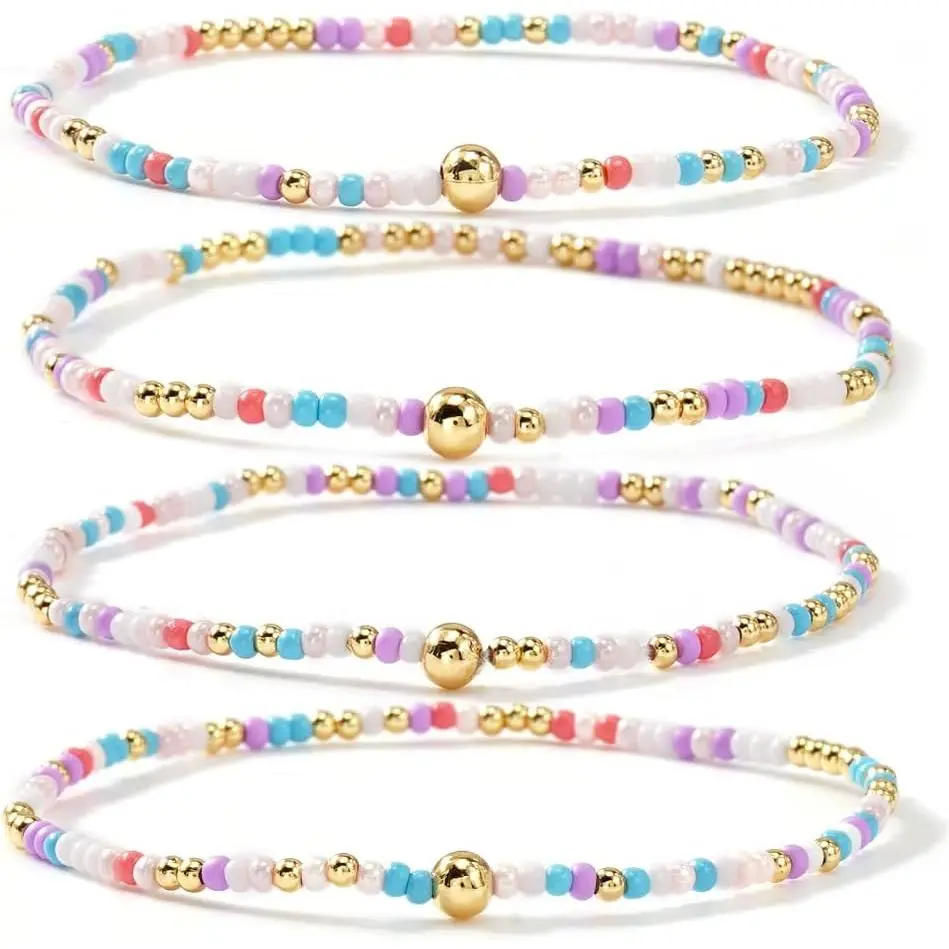 Dainty  Plated  Ball Colorful Rice Beaded Stack Bracelets Sets for Women,4Pcs Stackable Small Beads Cute Bracelet Stretch Trendy Ball  Friendship
