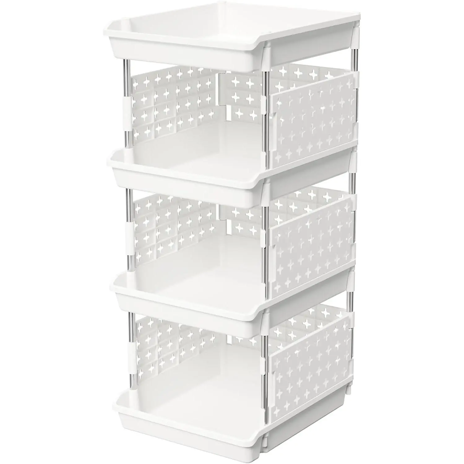 Plastic Stackable Storage Baskets, 4 Tier Stacking Bins for Food and Clothes, Multifunctional Organizer for RV, Kitchen, Playroom, Pantry and Bathroom, 13.8"D x 11.8"W x 28.3"H, 1 Pack, White