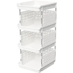 Plastic Stackable Storage Baskets, 4 Tier Stacking Bins for Food and Clothes, Multifunctional Organizer for RV, Kitchen, Playroom, Pantry and Bathroom, 13.8"D x 11.8"W x 28.3"H, 1 Pack, White
