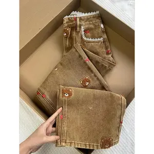 Lace Teddy Bear Embroidery Patchwork Design Wide-Leg Jeans 2025 Spring New High-Waisted Slim-Fit Casual Commuting Jeans