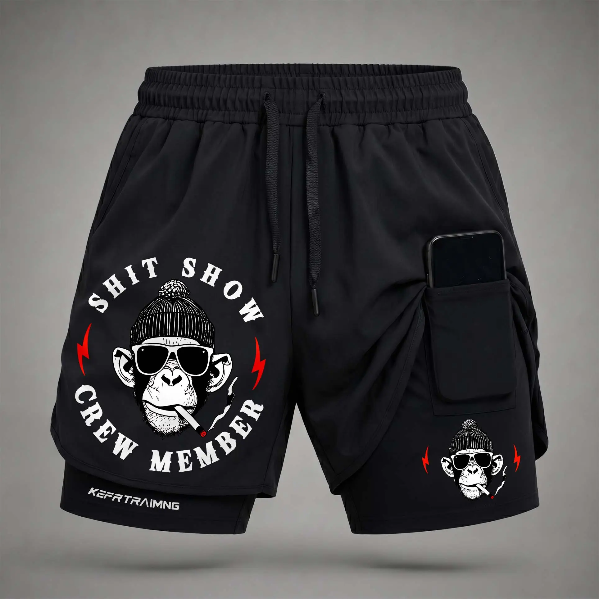 Men’s “Shit Show Crew Member” Graphic Print 2-in-1 Athletic Shorts, Built-in Compression Liner, Secure Inner Phone Pocket, Elastic Drawstring Waist, Quick-Dry Gym Running Training Shorts for Summer Daily Wear