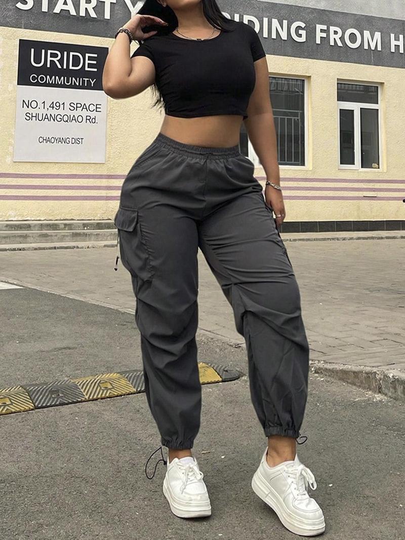 Women's Solid Drawstring Waist Cargo Pants, Casual Pocket Trousers for Daily Wear, Pants for Women,&nbsp;Ladies Bottoms for Fall & Winter