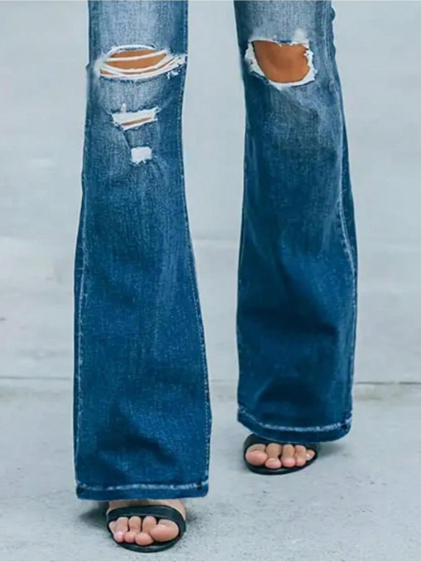 Women's New Style Ripped Denim Jeans, Flare Washed Fabric, Slim Fit & Stretchy Comfortable Design, All Season Women's Clothing