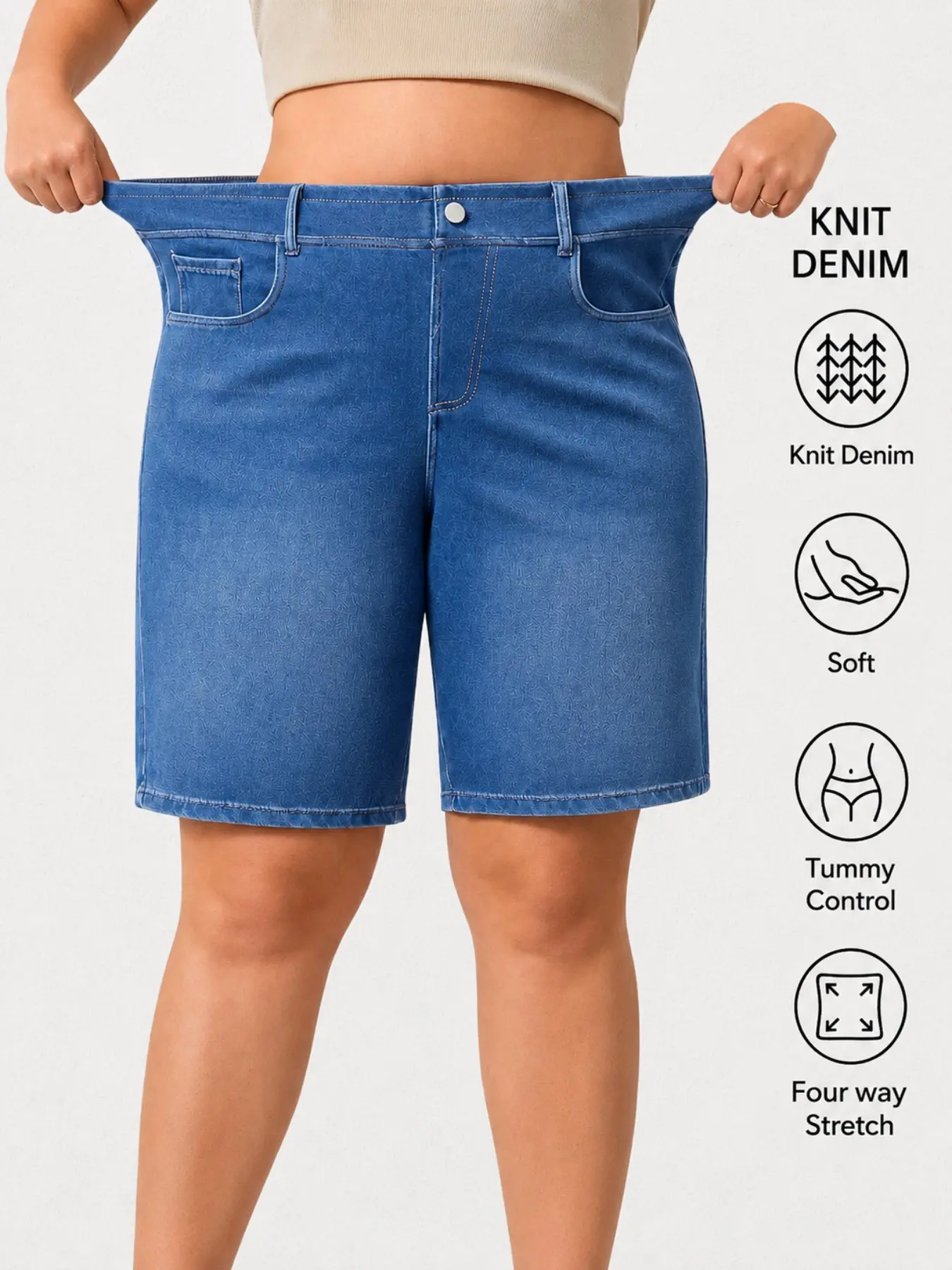 Plus Size High Waist Knit Denim Capri Pants, Tummy Control Butt Lifting Four Way Stretch Soft Knee-Length Jeans Shorts, Everyday Denim Shorts