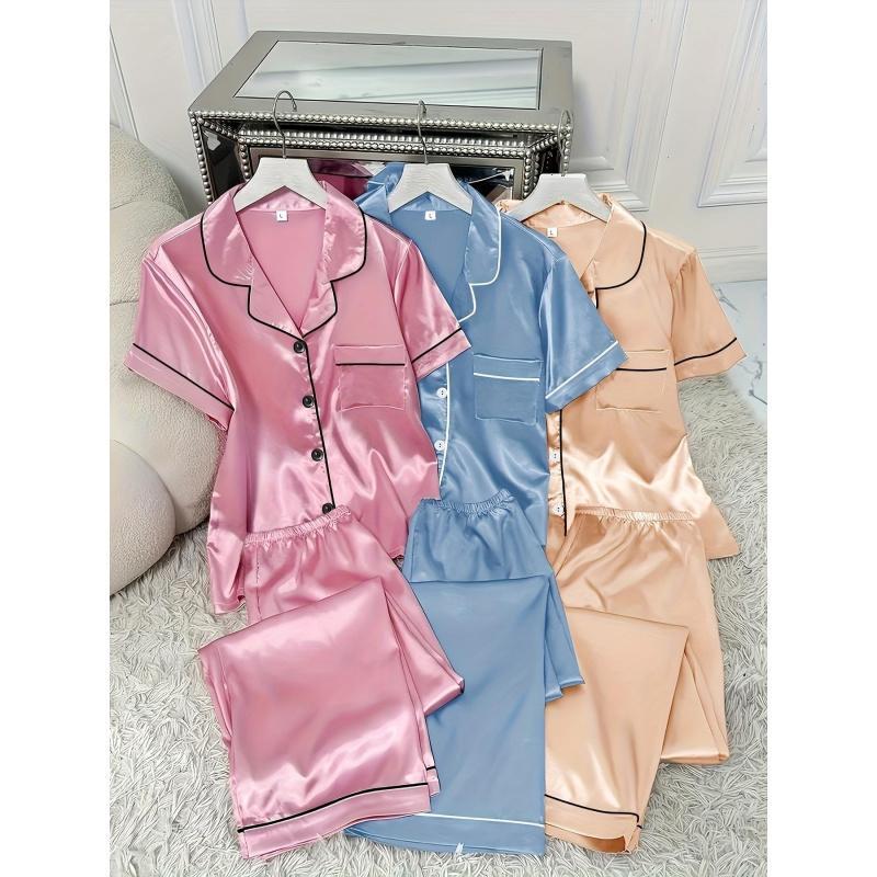 3 Sets Women's Solid Satin Casual Pajama Set, Short Sleeve Buttons Lapel Top & Pants, Comfortable Relaxed Fit