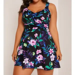 Must-have for plus-size curvy girls|2026 Summer Plus Size Curve Girl Must-Have Tropical Floral Print Swimsuit Dress with Knotted Front A-Line Skirt Style One-Piece Swimsuit, Fat-Covering Tummy-Control Slimming Swimsuit for Beach and Pool Vacations