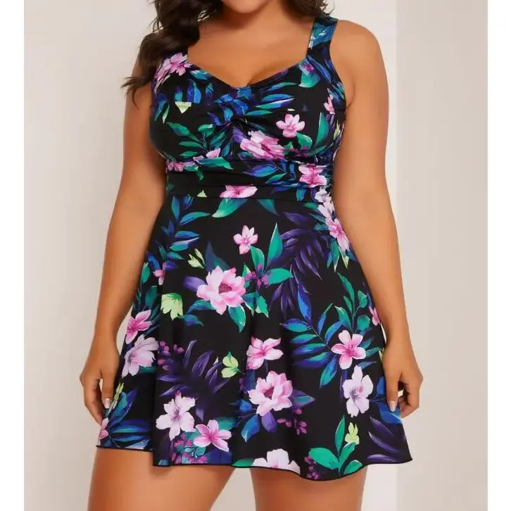 Women's Curvy Plus Size Tropical Floral Print Swimsuit Dress - Knotted Front A-Line Skirt, Tummy-Control Fat-Covering, for Beach & Pool Vacations, Swimsuit for Women, Tummy Flattering Clothes