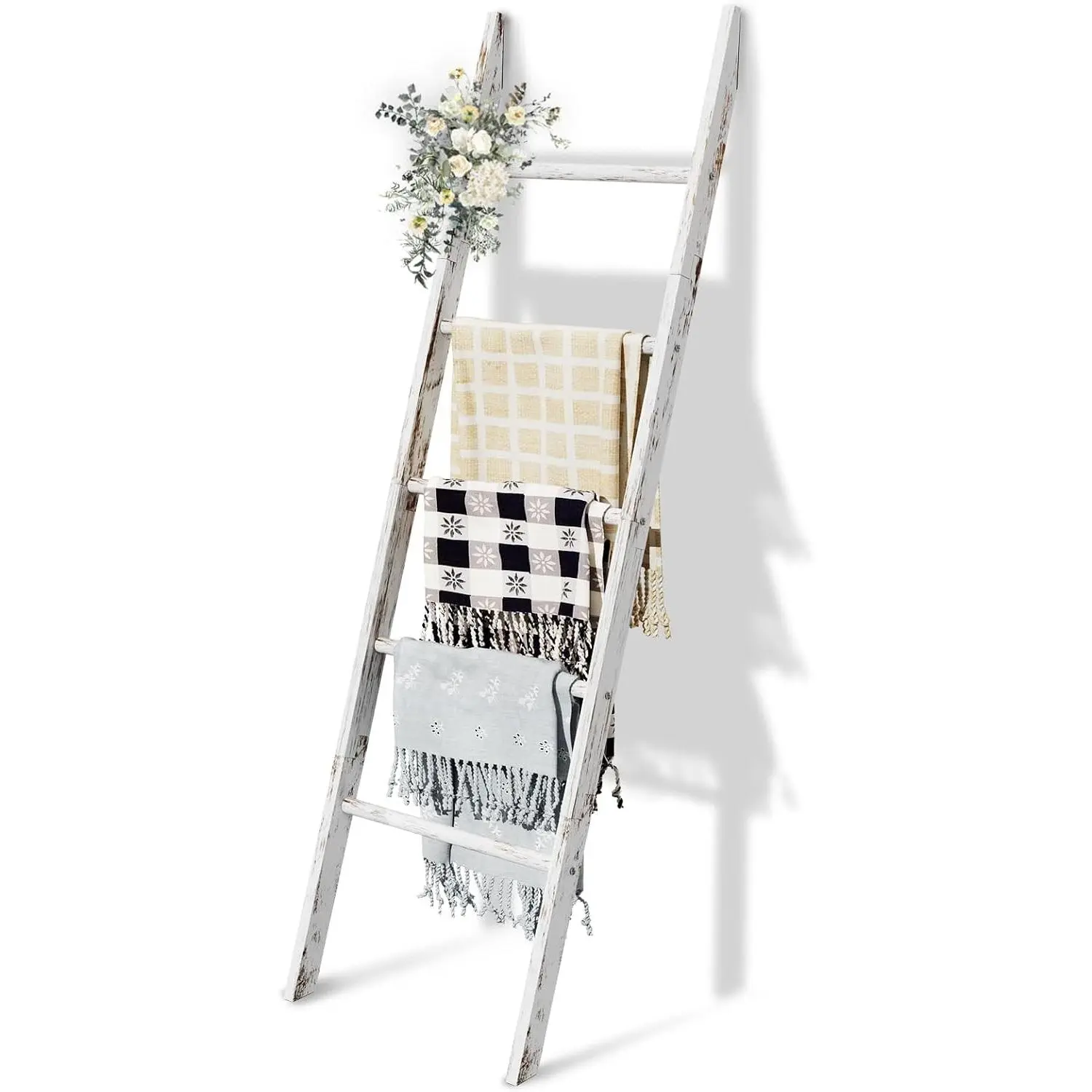 5-Tier Blanket Ladder Wooden, 5.3FT(63'') Blanket Quilt Holder Rack Decorative Ladders, Easy Assembly, Rustic Farmhouse Ladder Shelf for The Living Room Bedroom Bathroom Home Decor, White Wash