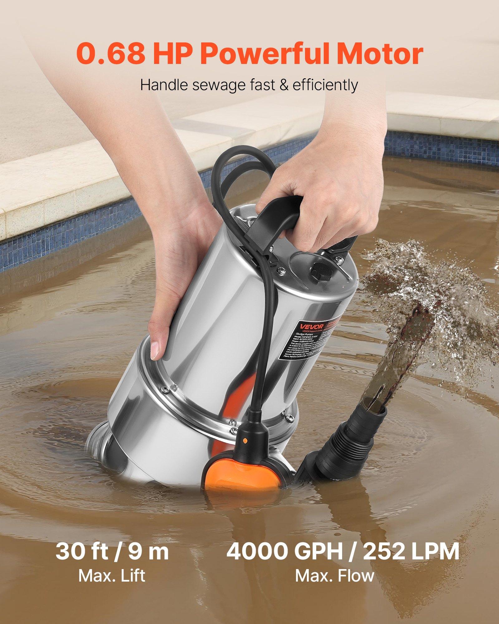 VEVOR 0.68 HP Submersible Sump Pump, 4000 GPH, Stainless Steel Submersible Sewage Dirty Clean Water Pump with Automatic Float Switch, Long Cord, 30 ft Max Lift, for Pools, Garden, Flooded Basement