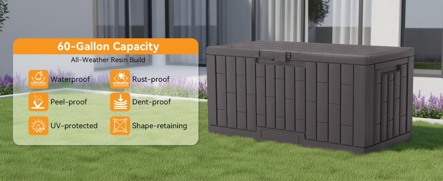 60 Gallon Deck Box, Waterproof Outdoor Storage Box with Lockable Lid, Patio Furniture Bench & Side Table, Outside Storage Container, Tool-Free Assembly, for Garden, Pool, Brown