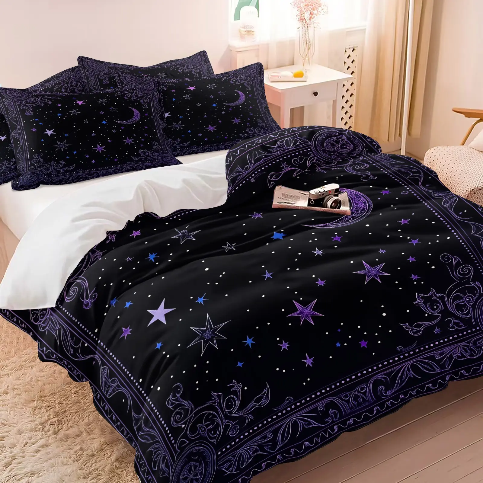 3PCS Black Purple Celestial Moon Star Duvet Cover Set (1 Duvet Cover + 1-2 Pillowcases), Black Base Vintage Frame Galaxy Star HD Digital Print, Soft Cozy Skin-Friendly All Seasons Bedding, Comfy Bedding Set, Perfect for Witchy Mystical Bedroom Decor