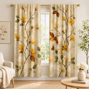2-Pack Ginkgo Leaf Print Curtains, Rod Pocket Design, Semi-Transparent Privacy Drapes, Ideal for Bedroom, Living Room, Kitchen, Closet, Home Decor