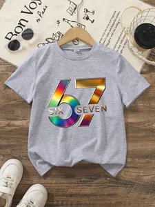 Children's Glossy Rainbow-Gold Gradient 67 Number Six Seven Letter Print T-Shirt For Boys And Girls, Short-Sleeved Birthday Party Clothing, Fashionable And Versatile Casual Top #Must-Have For School #Cool Kid Outfit