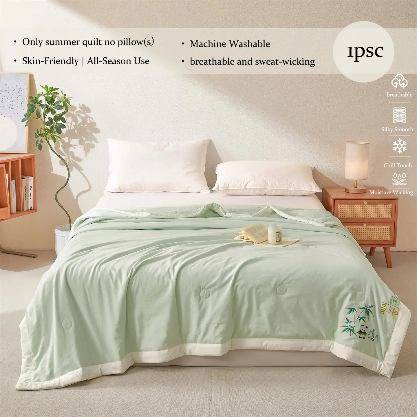 Cool Bamboo Fiber Summer Quilt, Floral Print, Single/double, Breathable, Wide Hem, Sleep Aid, Fresh Bedding