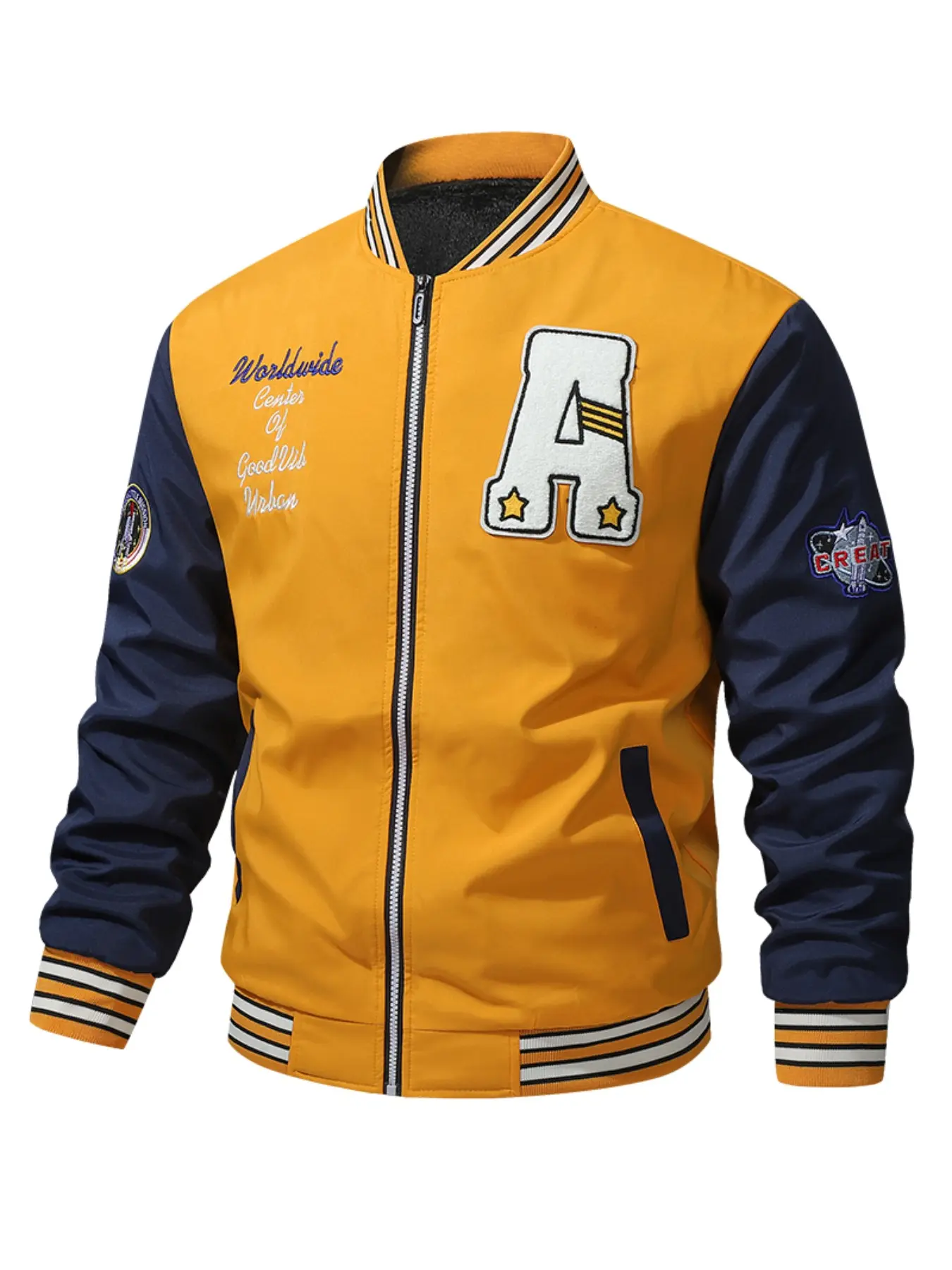 Men Fleece Lined Color Block Varsity Baseball Jacket, Letter A Chenille Patch Embroidery Zip Up Striped Rib Cuff Warm Fall Winter Streetwear Bomber Coat