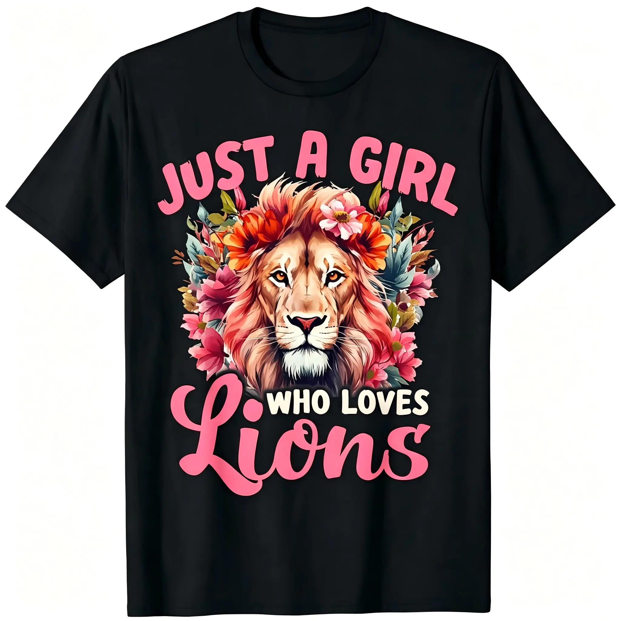 "Just A Girl Who Loves Lions" Floral Crown Lion Unisex T-Shirt for Men & Women - Cute Wildlife Animal Design, Soft Cotton Crew Neck Short Sleeve, Comfortable All-Season Tee, Perfect for Everyday Casual & Lion-Obsessed Style, Machine Washable