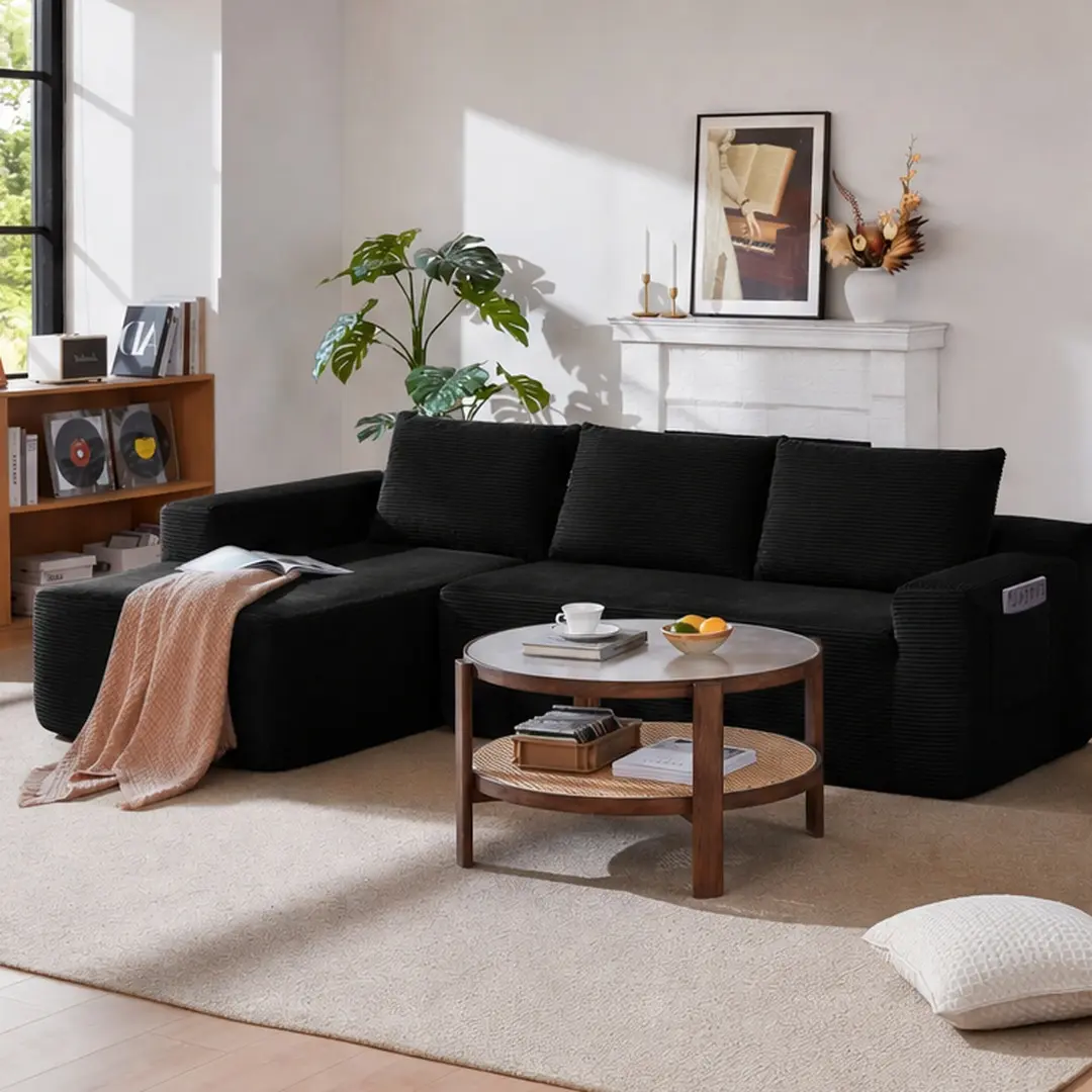 ARCH 96.9" Cloud Sectional Couch with L-Shape Chaise, Modern Modular Sofa with Deep Seat, Upholstered Corduroy Fabric Couches for Living Room Bedroom, No Assembly Required, Multiple Color Options, Black/Blue+Grey/Camel/Grey Color Options