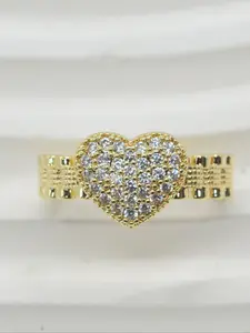 1-piece, 14K gold-plated Korean-style aesthetic, full-set zircon-inlaid heart-shaped nugget ring, Cluster ring, diamond-studded heart band for women's everyday styling, suitable for daily wear, dates, Valentine's Day confession gift