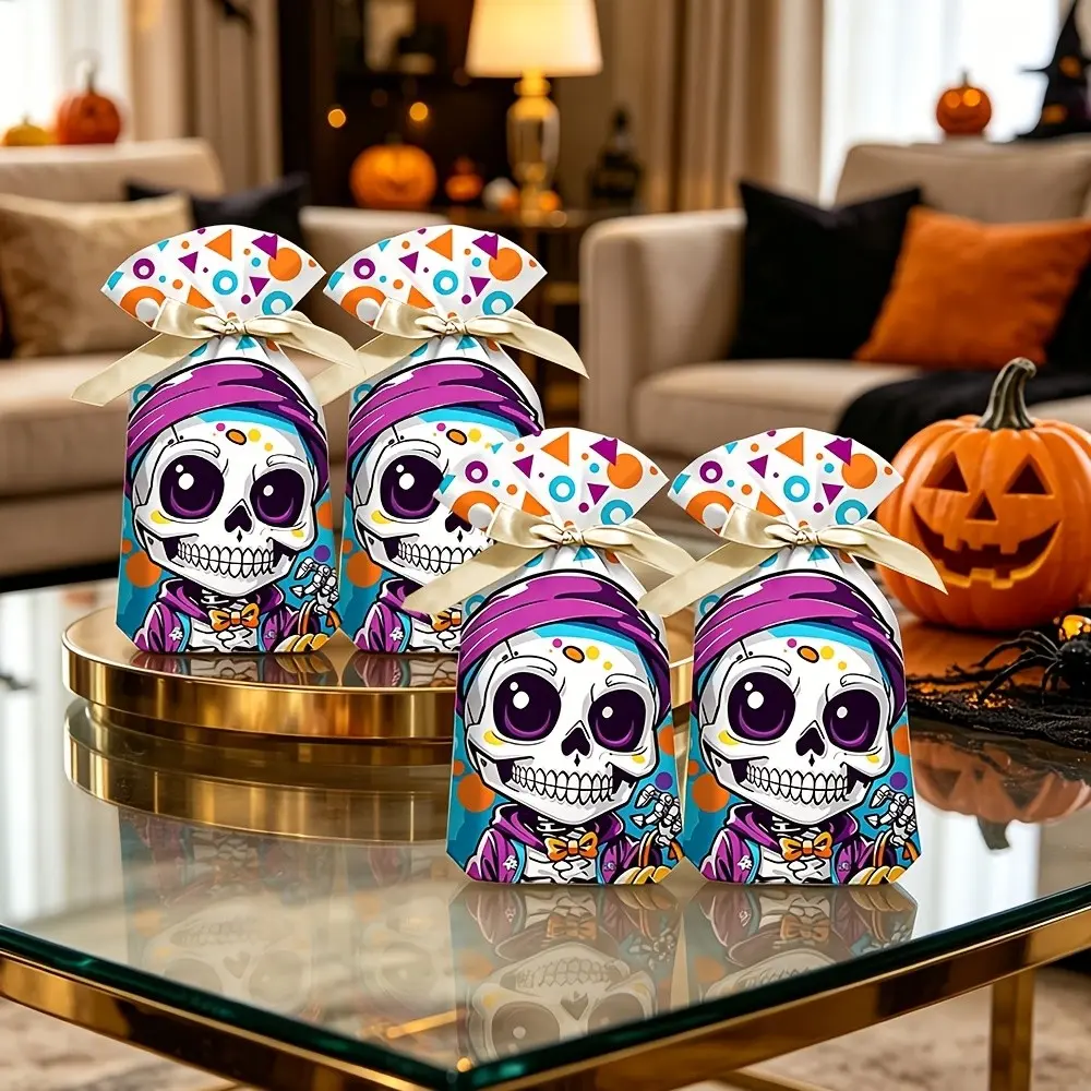 50pcs Halloween Drawstring Candy Bags, Skull Pattern Gift Bags, Halloween Party Gift Packaging, Bunny Ear Pumpkin Snack Cookies Bags