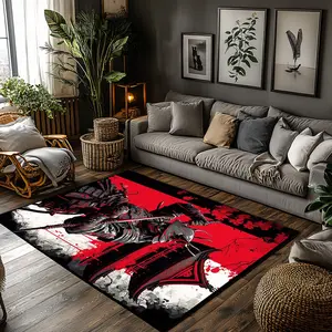 Red Black Japanese Samurai Dragon Crystal Velvet Gaming Area Rug #AnimeSamuraiRug #RedBlackGamingFloorMat #JapaneseWarriorCarpet #CrystalVelvetHomeDecor