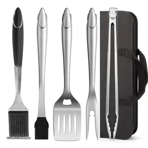 5-Piece Stainless Steel BBQ Grill Tools Set with Storage Bag, Heavy Duty Grilling Utensils Including Tongs, Fork, Spatula, Brush and Grater, Outdoor Grilling Accessories & Gifts for Men Dad (Camping, Backyard)