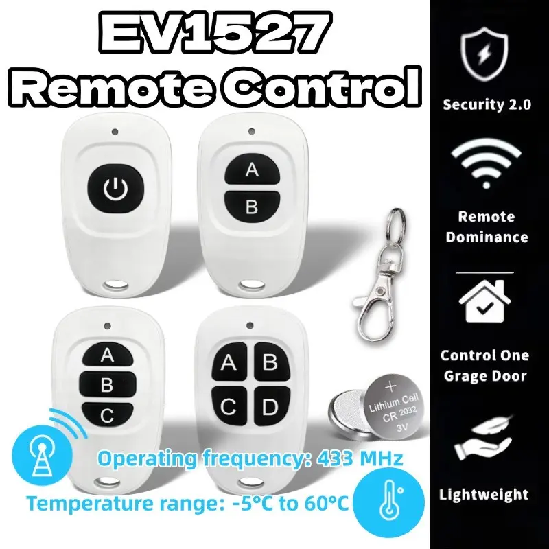 Multi-Key Ev1527 Remote Control, Multiple Buttons, 433mhz Wireless RF, Universal Garage Gate Opener, Long Range 50-100m, Learning Code Remote