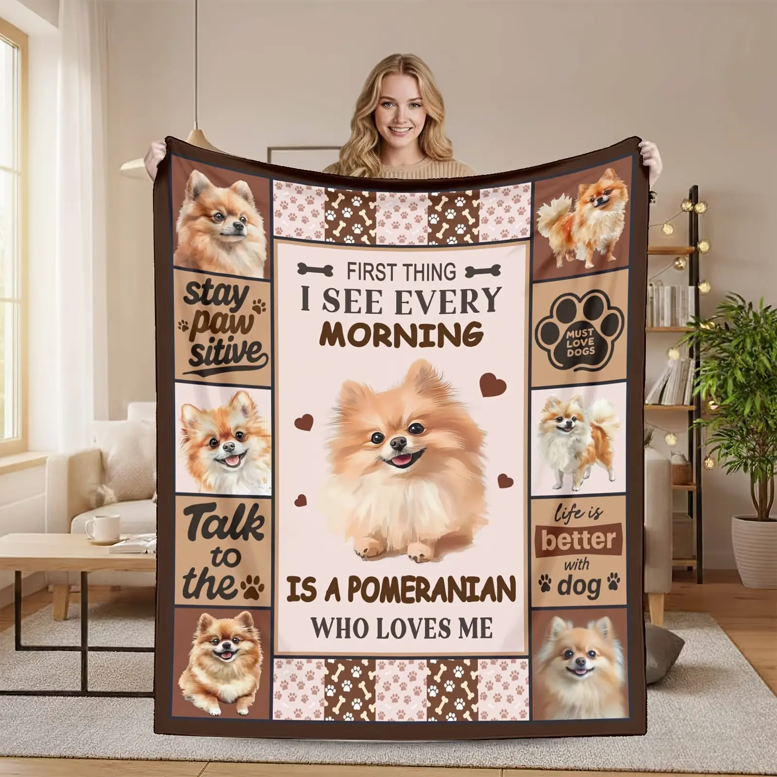 Pomeranian Print Flannel Throw Blanket - Soft Texture, All Seasons, Breathable, Machine Washable, Anti-Pilling, Ideal For Sofa, Bed, Perfect Gift For Adults And Family Friends, Family And Friends