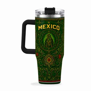 40oz Sturdy Stainless Steel Tumbler with Handle, Lid and Straw - Green Mexico Virgen Religious Art Insulated Travel Mug, Cultural Gift Cup for Cold Drinks with Ice Cubes
